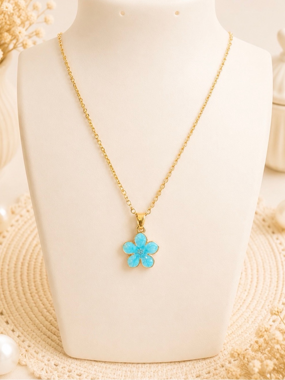 Blue Flower Enamel Pendant Necklace - Gold Tone Chaim-Women Jewelry